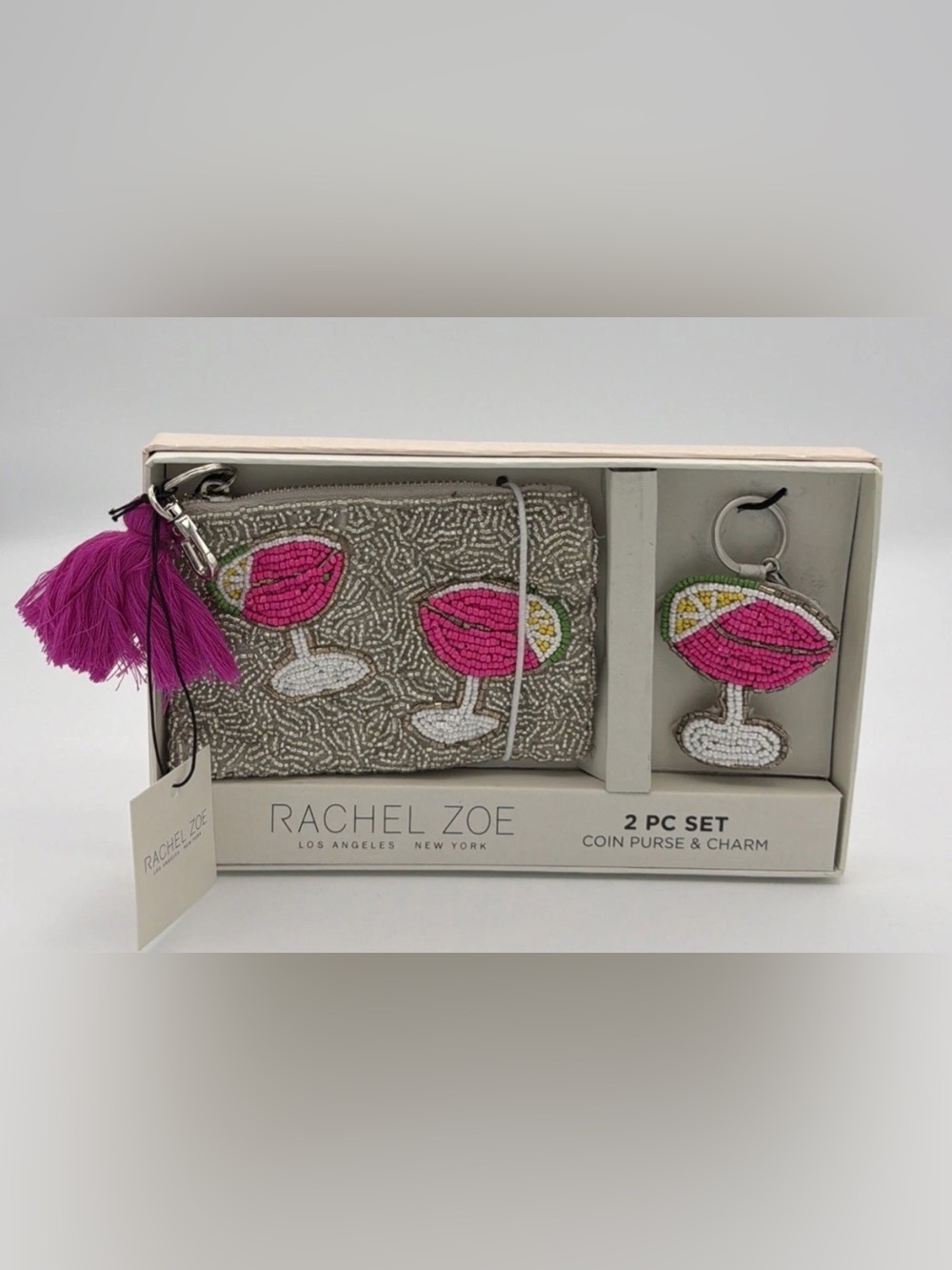 Rachel Zoe 2 Piece Beaded Coin Purse & Charm - Gray with Pink Cocktail Motif